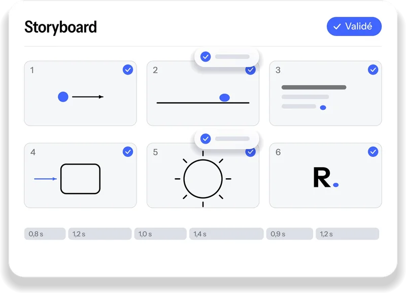 Storyboard d'une vidéo explicative découpé en six plans, avec la durée de chaque plan